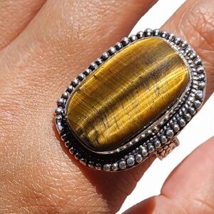 Natural Tiger Eye Ring 925 Sterling Silver Vintage Bohemian SIZE 9 Energy Stone
